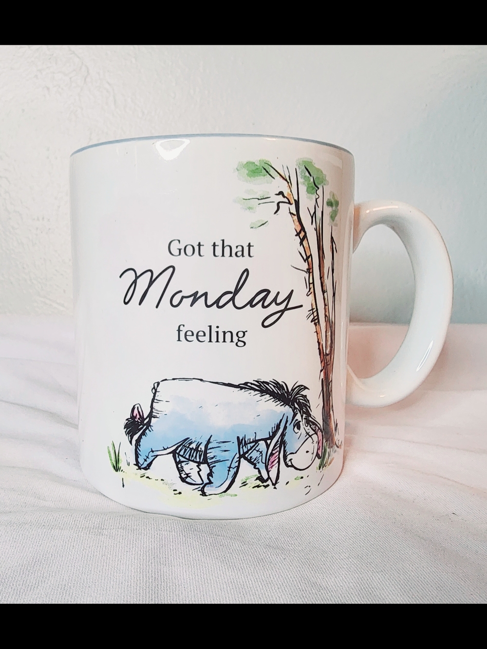 Disney Winnie the Pooh Eeyore Monday Feeling Ceramic Coffee Mug Blue Inside